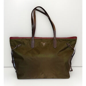 Authentic Prada Olive Green Nylon Tote Brown Leather Handles Red Interior Italy
